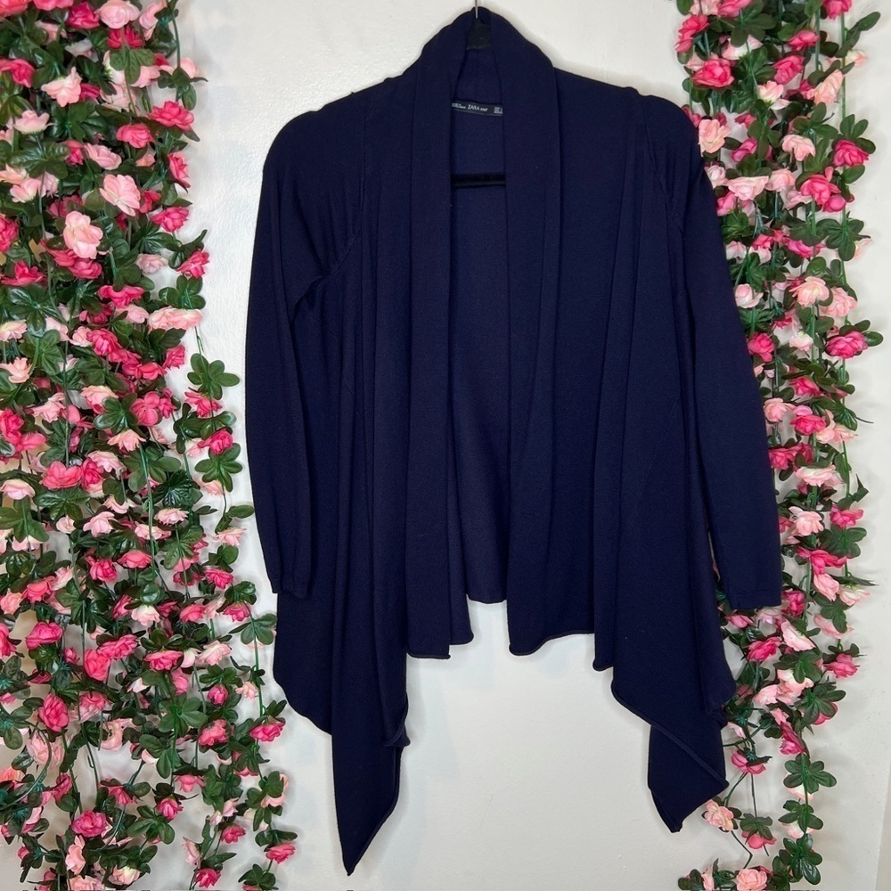Zara Knit Navy Blue Open Front Waterfall Cardigan Womens Small Casual Work